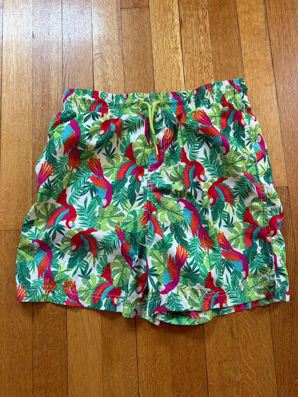 Old Navy Tropical Parrot Print Swim Trunks - Green, Red & Pink Accents